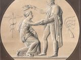 dessin représentant un homme et une femme se serrant la main devant une statue