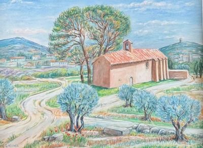 tableau représentant une scène rurale avec une église et des oliviers au premier plan