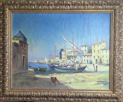 une peinture à l'huile représentant une scène de port avec des bateaux au premier plan