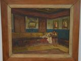 une peinture à l'huile représentant une femme assise sur un canapé dans un salon