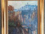 une peinture à l'huile représentant un château sur une colline, entouré d'arbres