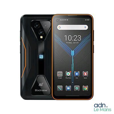 l'arrière d'un téléphone Blackview avec une bordure orange