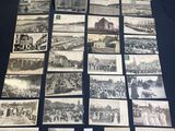 several old black and white photographs of a city and a train