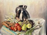 un tableau représentant une assiette de fruits et de légumes posée sur une table