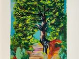 a painting of a tree in the middle of a dirt road