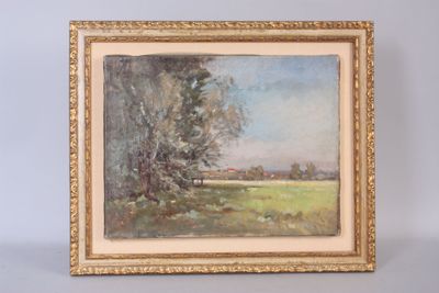une peinture à l'huile représentant un champ avec des arbres et une maison au loin