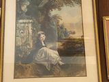 a picture of a woman sitting on a bench in front of a painting