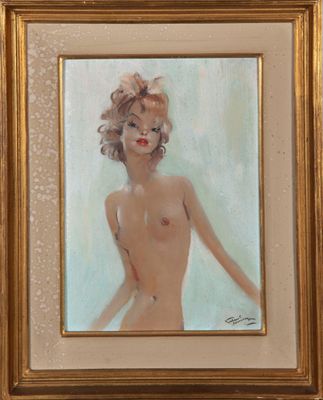 une peinture à l'huile représentant une femme nue, dans un cadre doré