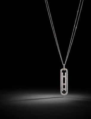 une photo en noir et blanc d'un collier avec une plaque d'identité suspendue à une chaîne