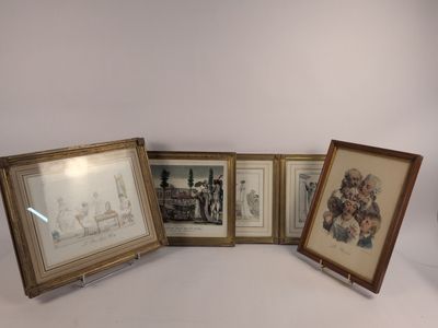 three framed pictures of people and a clock on a table
