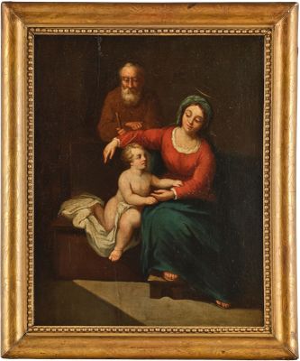 un vieux tableau représentant une femme et un homme avec un bébé