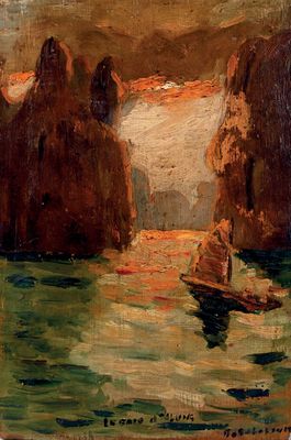 l'image d'une peinture représentant un bateau dans un plan d'eau