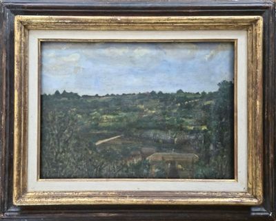 une peinture à l'huile d'un paysage avec une maison au loin