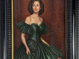 tableau représentant une femme en robe verte tenant une rose à la main