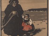 une vieille photo représentant une femme et un enfant dans un champ