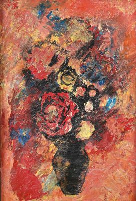 une peinture à l'huile représentant un vase contenant des fleurs sur un fond rouge