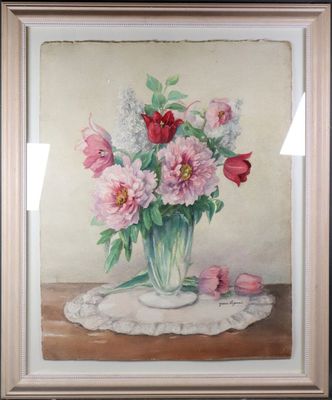 a painting of flowers in a vase on a table