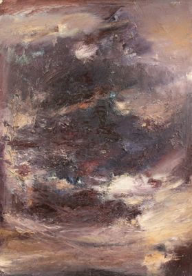 an oil painting of a boat in a body of water under a cloudy sky