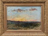 a painting of a landscape with a sunset in the distance