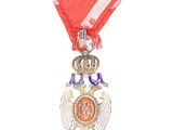 a close up of a medal on a white background with a red ribbon