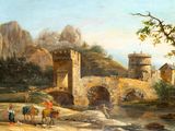 a painting of a painting of people and animals by a river