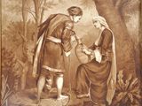 painting of a man and a woman standing in a wooded area