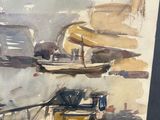 a picture of a painting of a boat in the water