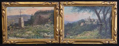 deux tableaux représentant un château et un arbre, dans un cadre doré