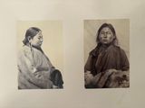 an old black and white photo of two women in native clothing