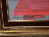 an image of a painting of a red boat on a body of water