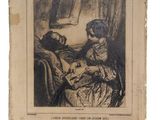 un vieux livre sur lequel figure le dessin d'une femme tenant un bébé dans ses bras