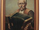 an old painting of a man holding an accordion in his hand