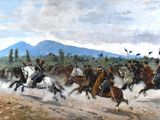 un tableau représentant un groupe d'hommes à cheval sur un chemin de terre
