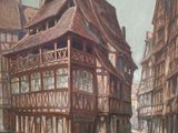 tableau représentant une rue d'une vieille ville européenne avec une calèche
