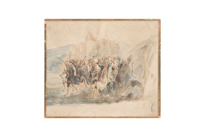 tableau représentant un groupe d'hommes à cheval traversant le désert