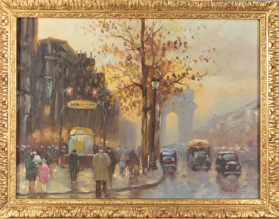 painting of a city street scene with people and cars on a rainy day