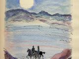 painting of a man riding a horse in the desert with a full moon in the background