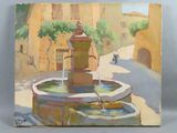 une peinture représentant une fontaine au milieu d'une rue