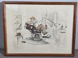 tableau représentant un homme assis sur une chaise dans un salon de coiffure
