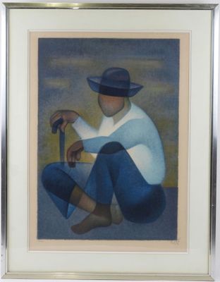 painting of a man sitting on the ground with a hat and a cane