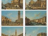 plusieurs photos d'un tableau représentant une ville avec des bâtiments et une tour horloge