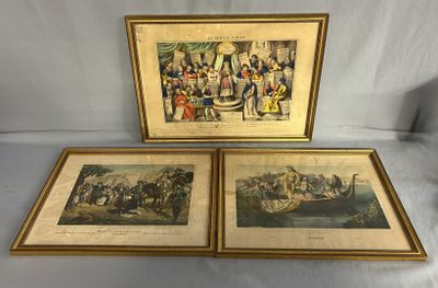 two framed pictures of people on a boat and a man on a horse