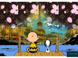 Peanuts et Snoop assis sur un quai, avec la Tour Eiffel en arrière-plan
