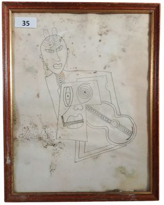 framed drawing of a man with a guitar and a bottle of wine