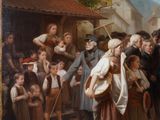 a painting of a group of people standing in a village