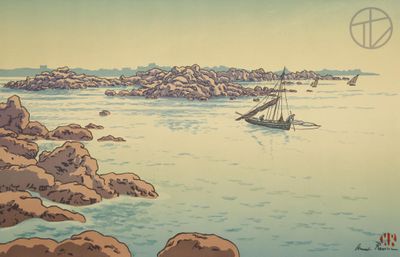 a painting of a boat in a body of water