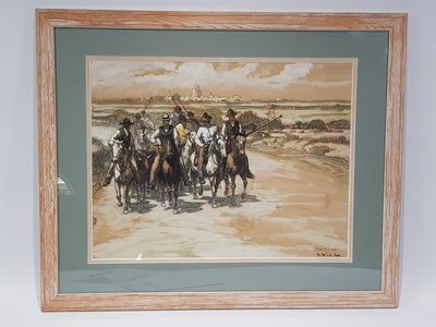 painting of a group of men riding horses down a dirt road