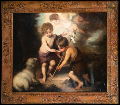 an oil painting of two children and a dog in a wooded setting