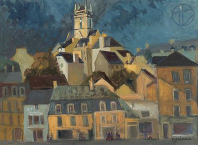 un tableau représentant un bâtiment surmonté d'une tour horloge