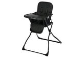 La chaise haute pour bébé est noire et est équipée d'un plateau.